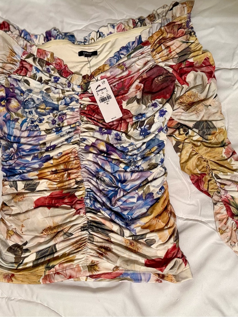 Express Multicolor Floral Ruched Off-Shoulder Blouse